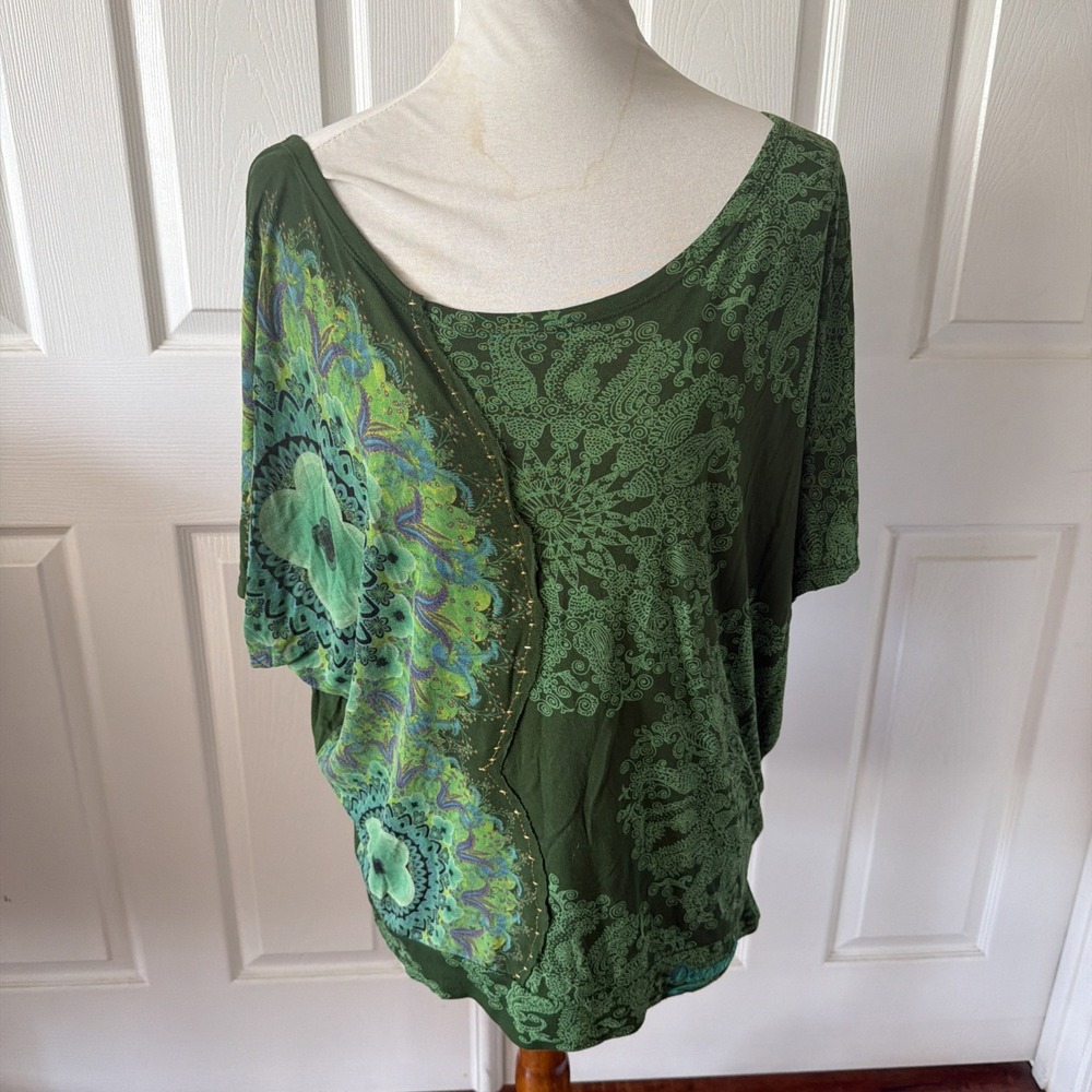 Desigual Womens M Green Paisley Batwing Dolman Blouse Top Boho Viscose Art